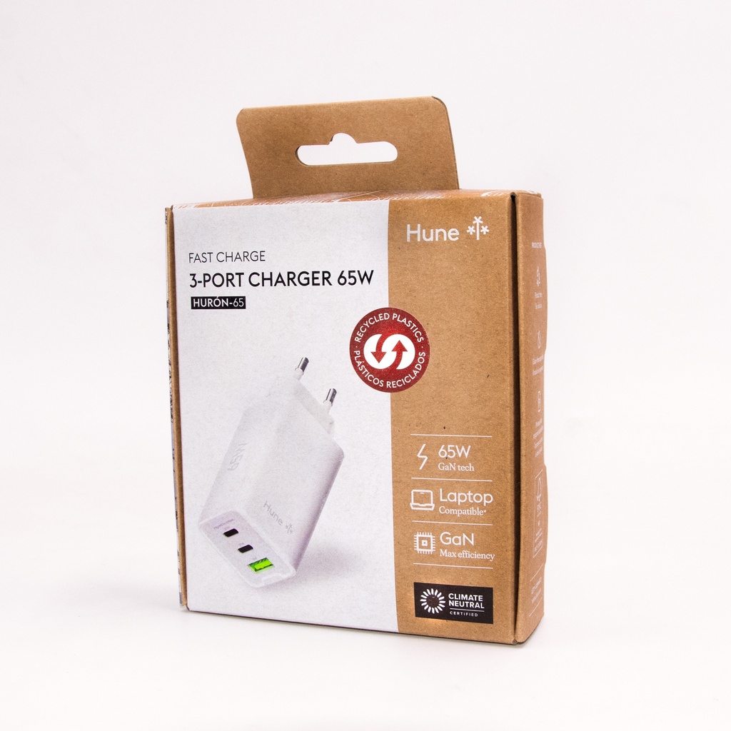 Hune Huron - T65 Caricatore Muro GaN 65W (anche Macbook) Output: 2x Type-C, 1x USB A