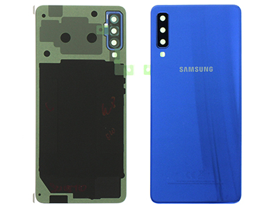 Samsung Galaxy A7 2018 Cover Batteria in vetro + Vetrino Camera + Adesivi Blu (ECOSTORE)