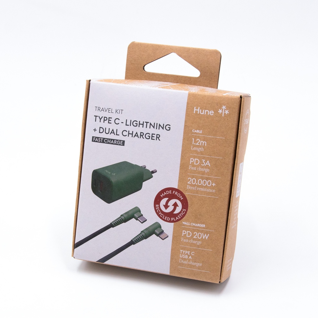 Caricatore da muro Hune Dual Type C & USB - Cavi in tessuto - 20 W & Cavo 90° Type-C - Lightning 1.2 mt